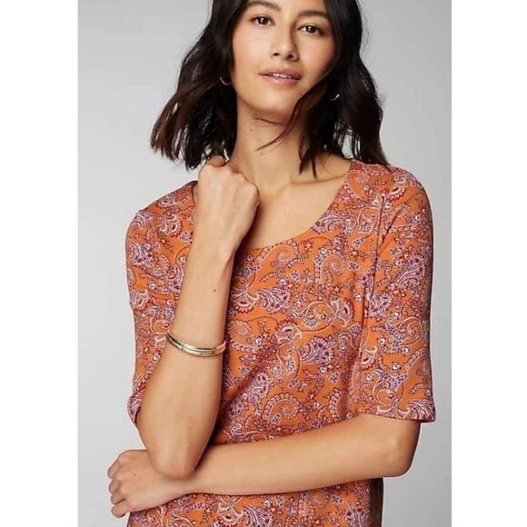 J. Jill Tops - J.Jill Pima-Slub Scoop-Neck Side-Slit Tee Medium Petite Apricot Paisley